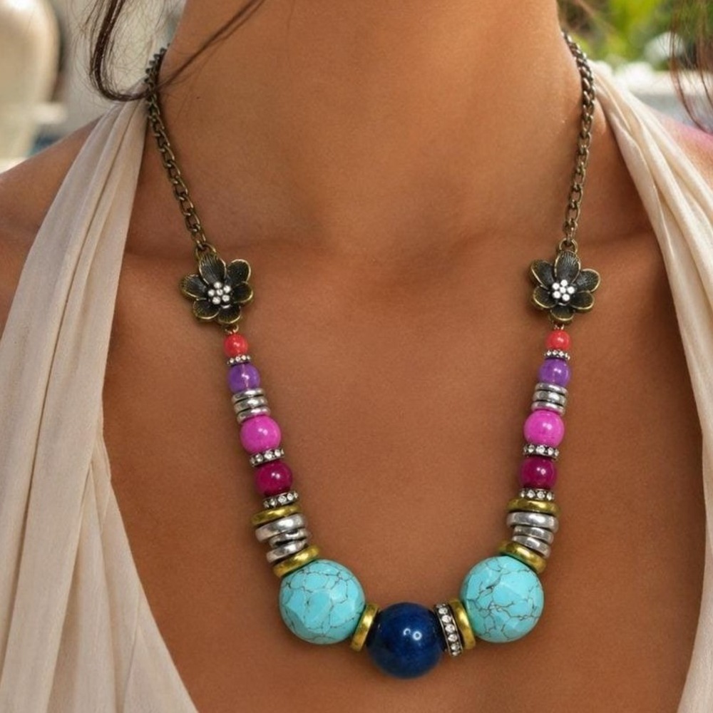 Fossil Statement Necklace Boho Turquoise Pink Beaded Floral Mixed Metal Chunky